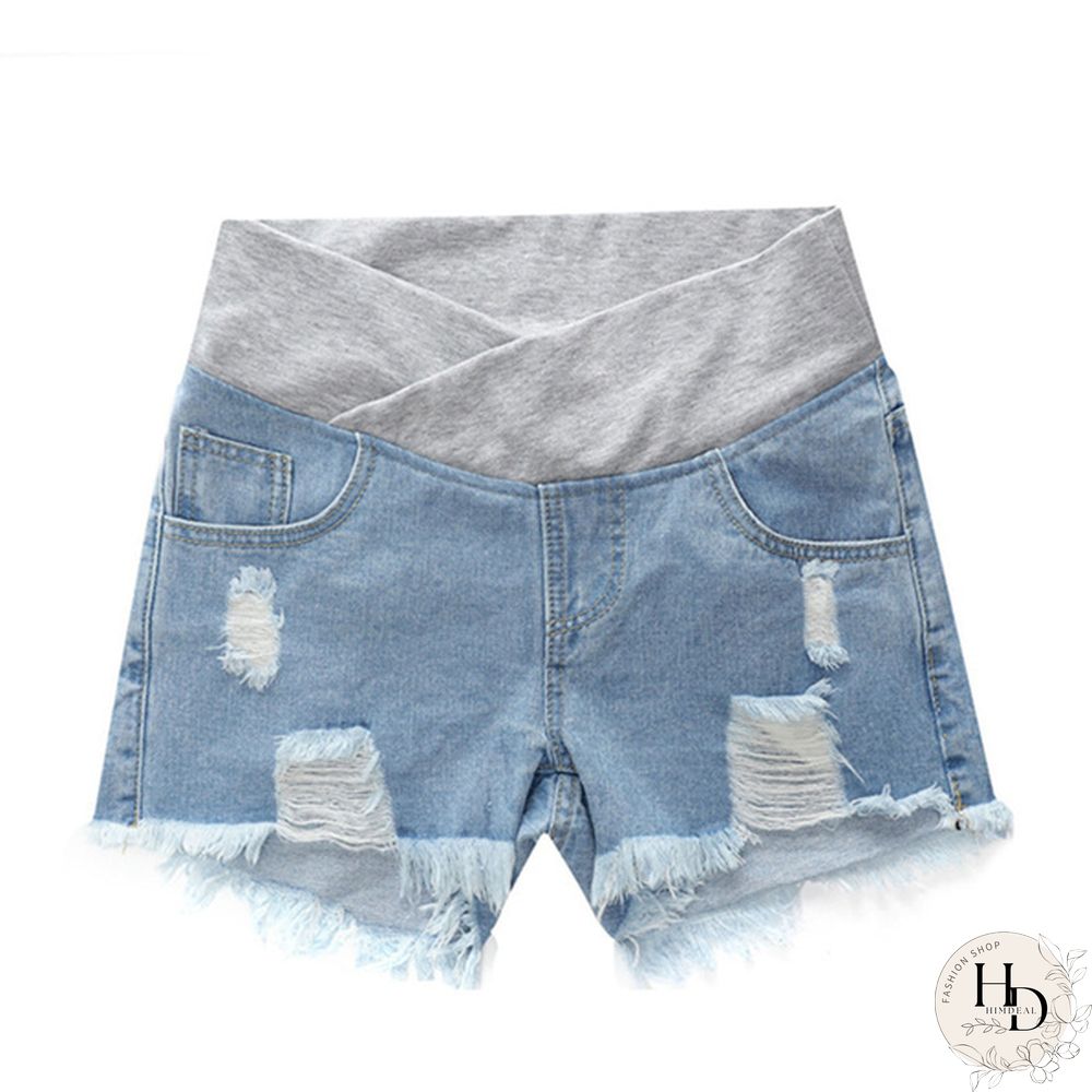 Pregnancy Women's Ripped Denim Shorts Summer Maternity Shorts Pregnant Loose Belly Elastic Jeans