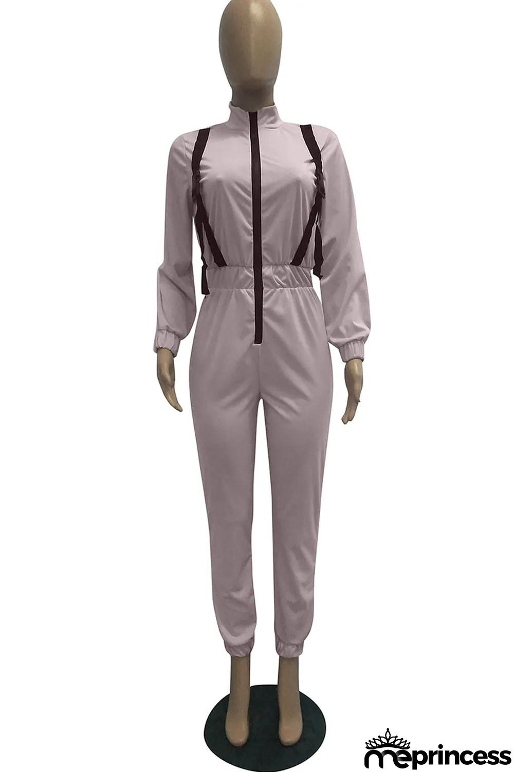 Apricot Fashion Polyester Solid Zipper Collar Jumpsuits