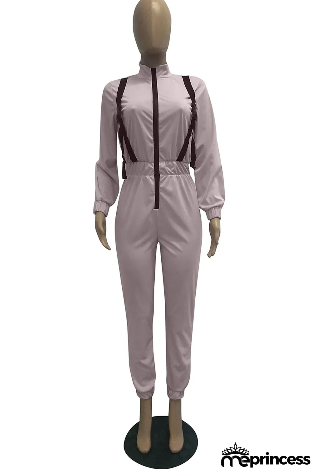 Apricot Fashion Polyester Solid Zipper Collar Jumpsuits