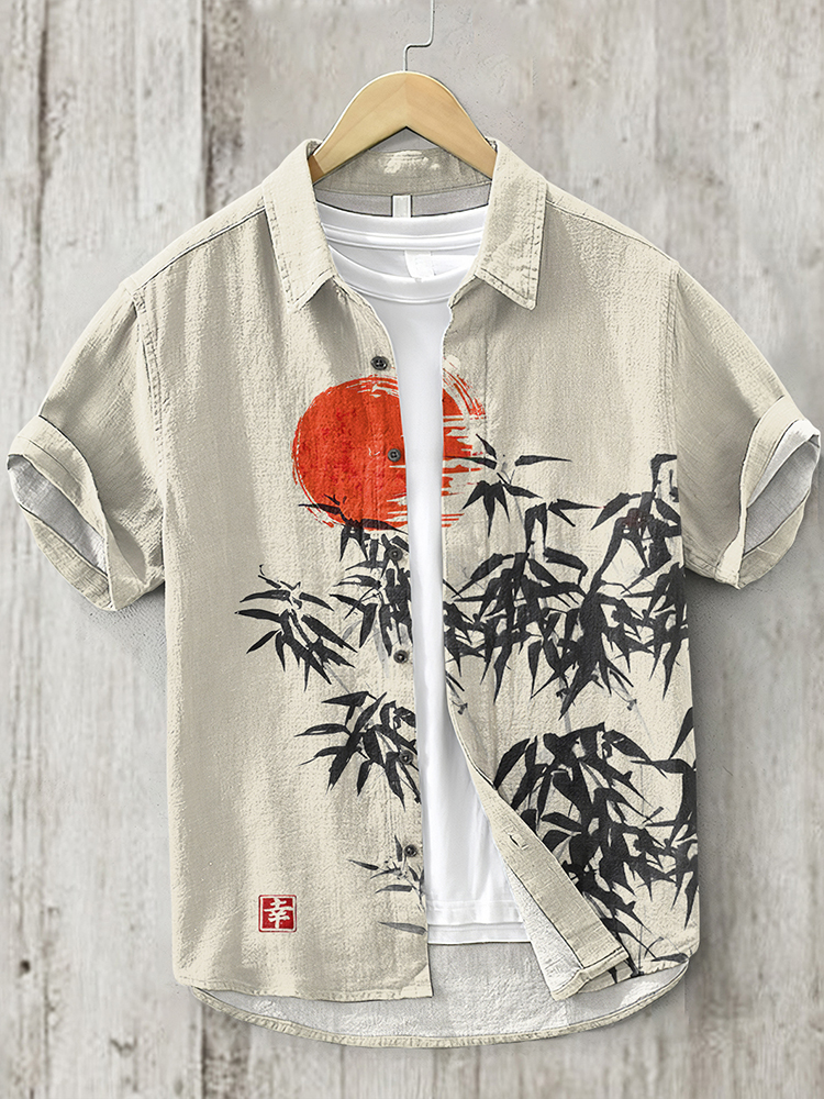 Comstylish Japanese Bamboo Forest And Red Sun Art Linen Blend Shirt