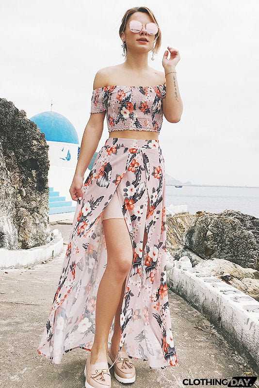Off-the-shoulder Floral Slit Two Piece Sets