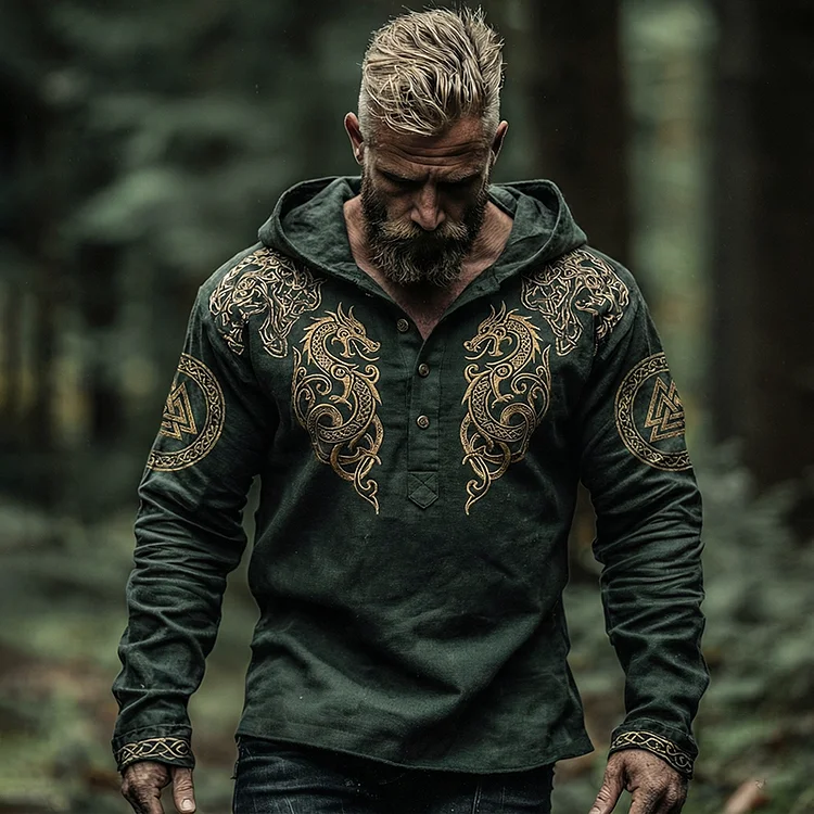Men's Viking Dragon Celtic Art Hooded Linen Shirt