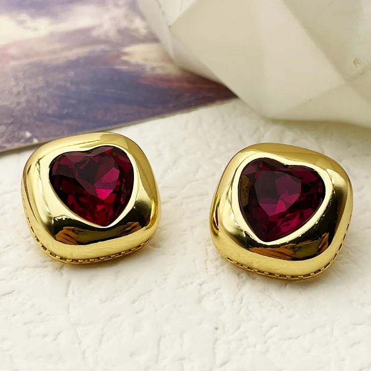 Square diamond studded minimalist red heart-shaped earrings