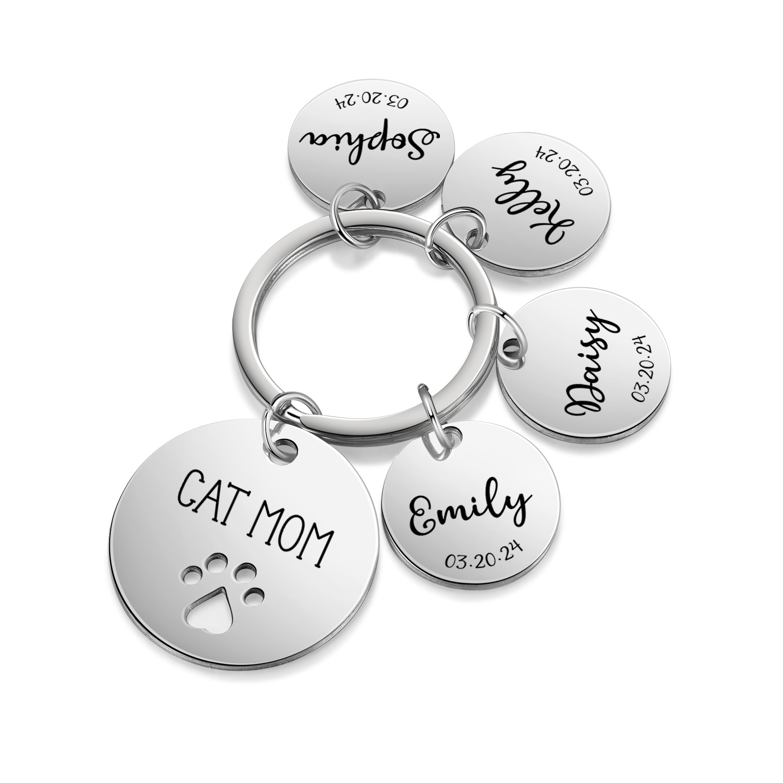 Personalised 4 Names & 4 Dates & 1 Text Keychain Cat Paw Circle Charm Keychain Gifts for Mother/Grandma-Jessemade AU