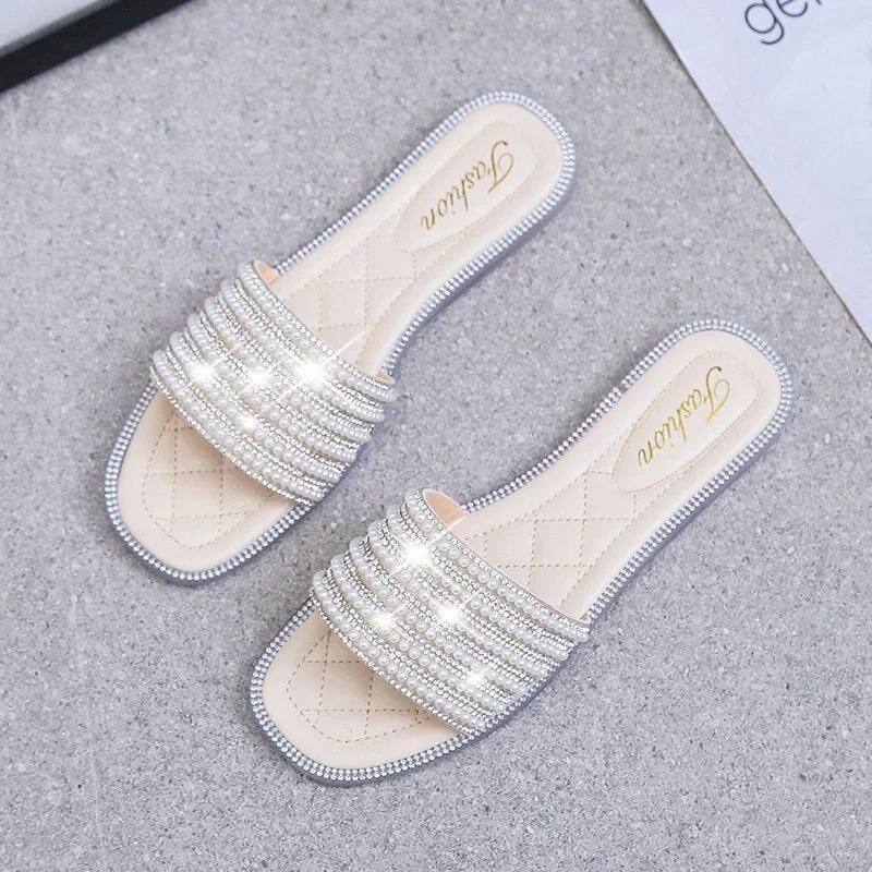 Aphixta Pearl Flip Flops Women Summer Slides For Women Flat Heel Open Peep Toe Bread Cross-tie Slippers  Women Mules