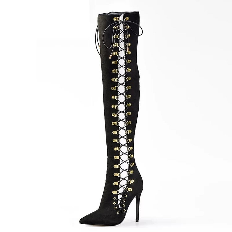 Black Suede Side Lace Up Boots Stiletto Heel Over the Knee Boots |FSJ Shoes