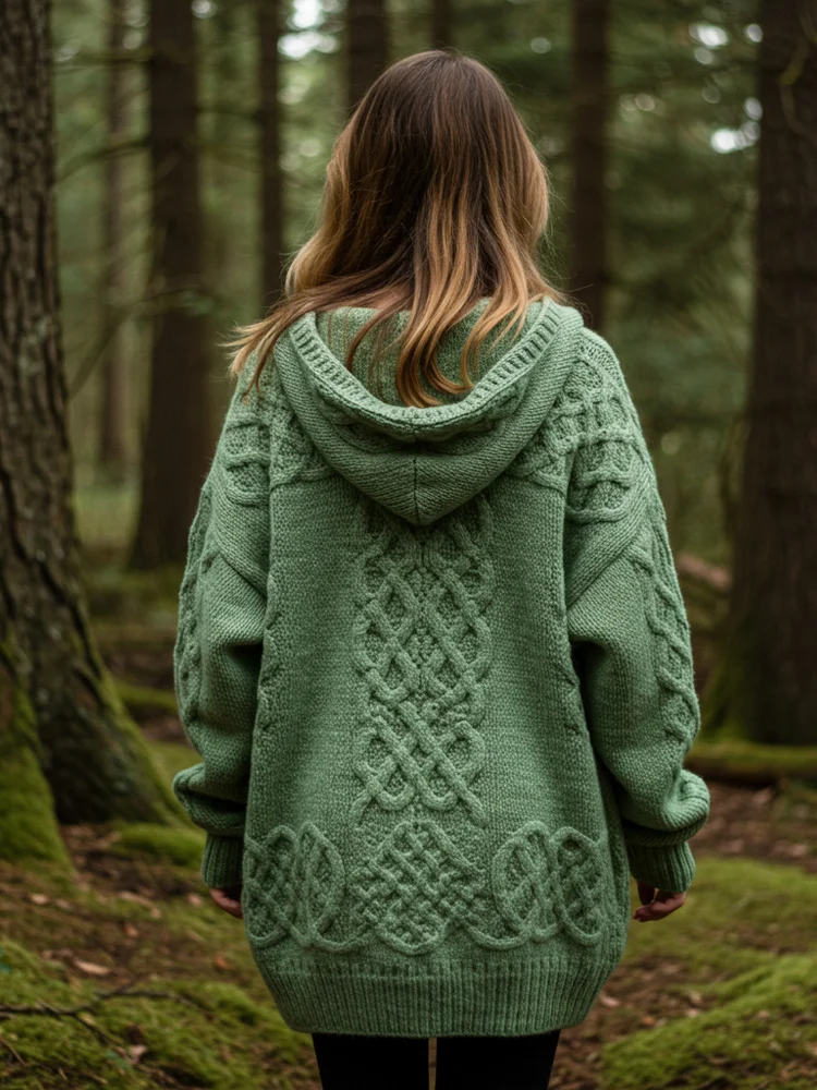 Women's Celtic Knot Gradient Color Cozy Knit Hooded Cardigan