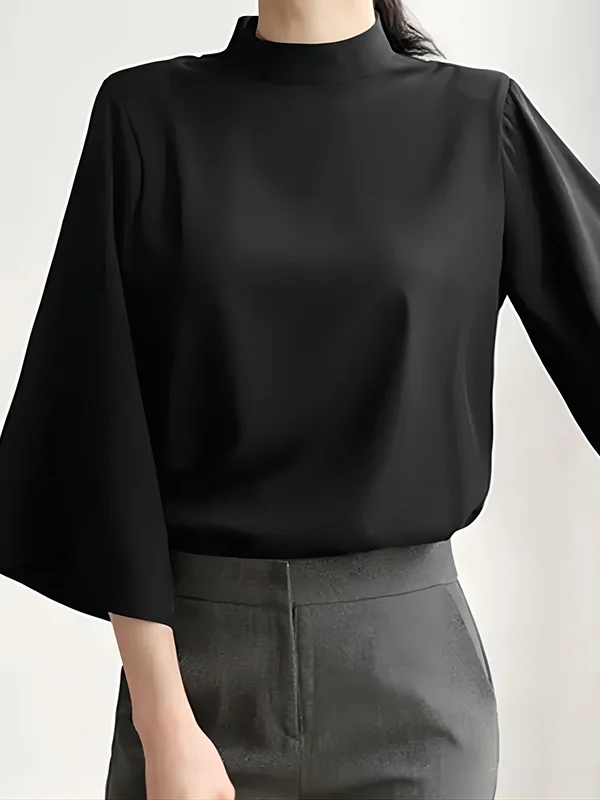 Split-Joint Solid Color Pleated Three-Quarter Sleeves Plus Size Stand Collar Blouses&Shirts Tops