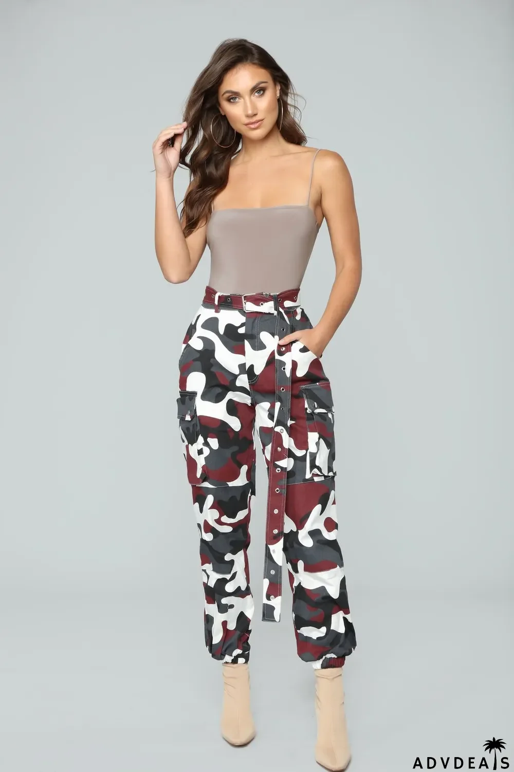 Spring High Waist Camou Cargo Pants with Belt