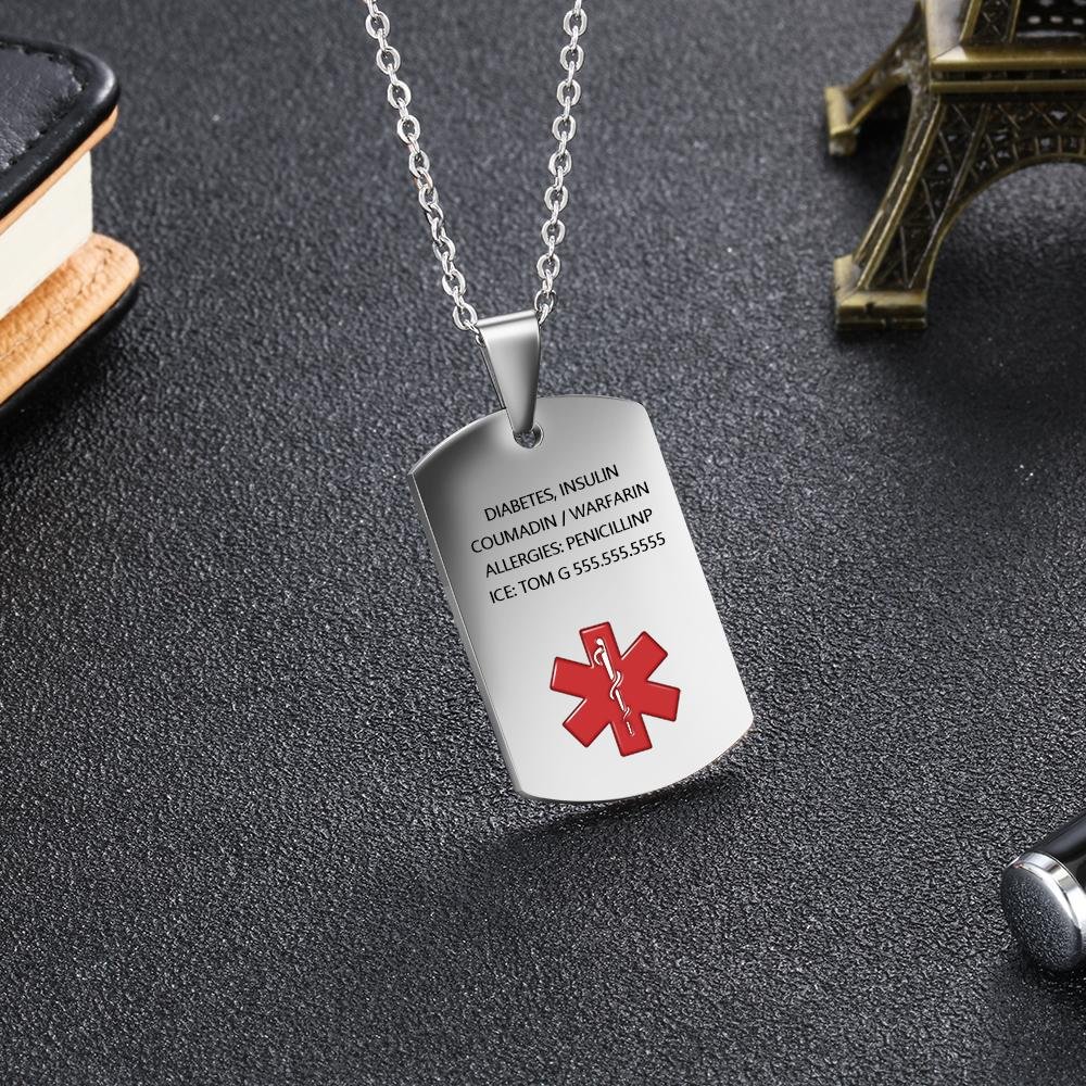 Life Alert Necklace for Men Emergency ID Necklace Engraved Personalized Dog Tag Pendant