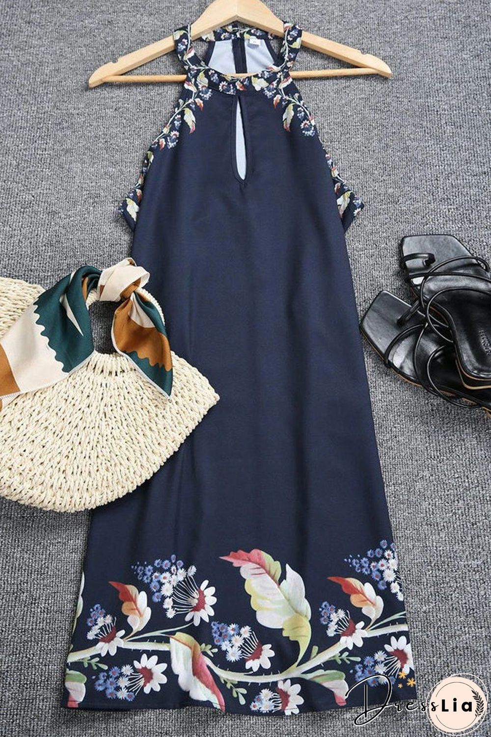Halter Neck Floral Print Sleeveless Dress