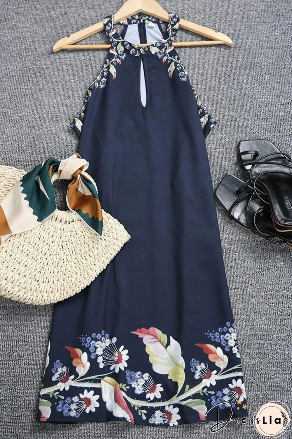 Halter Neck Floral Print Sleeveless Dress