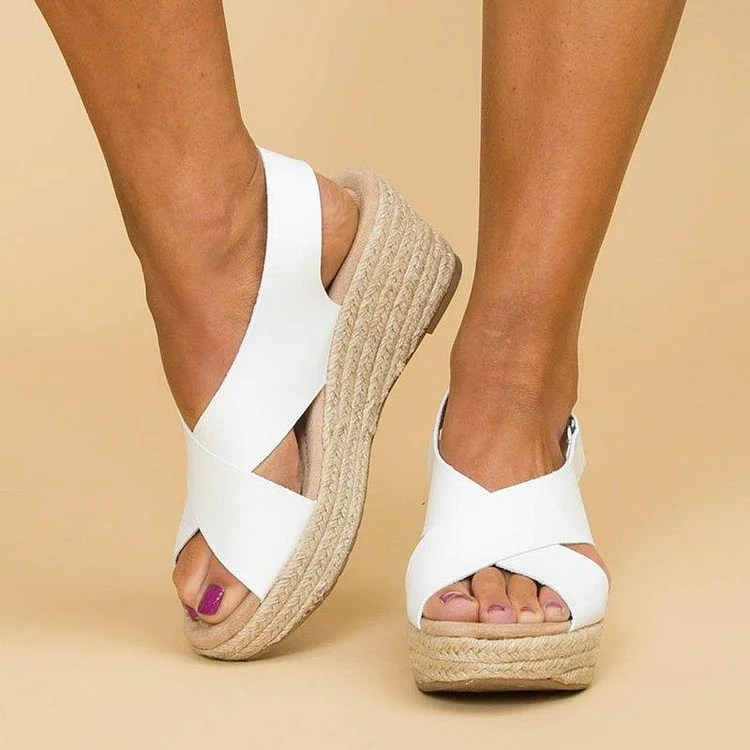 Women Peep Toe Magic Tape Wedges Crossed Sandals