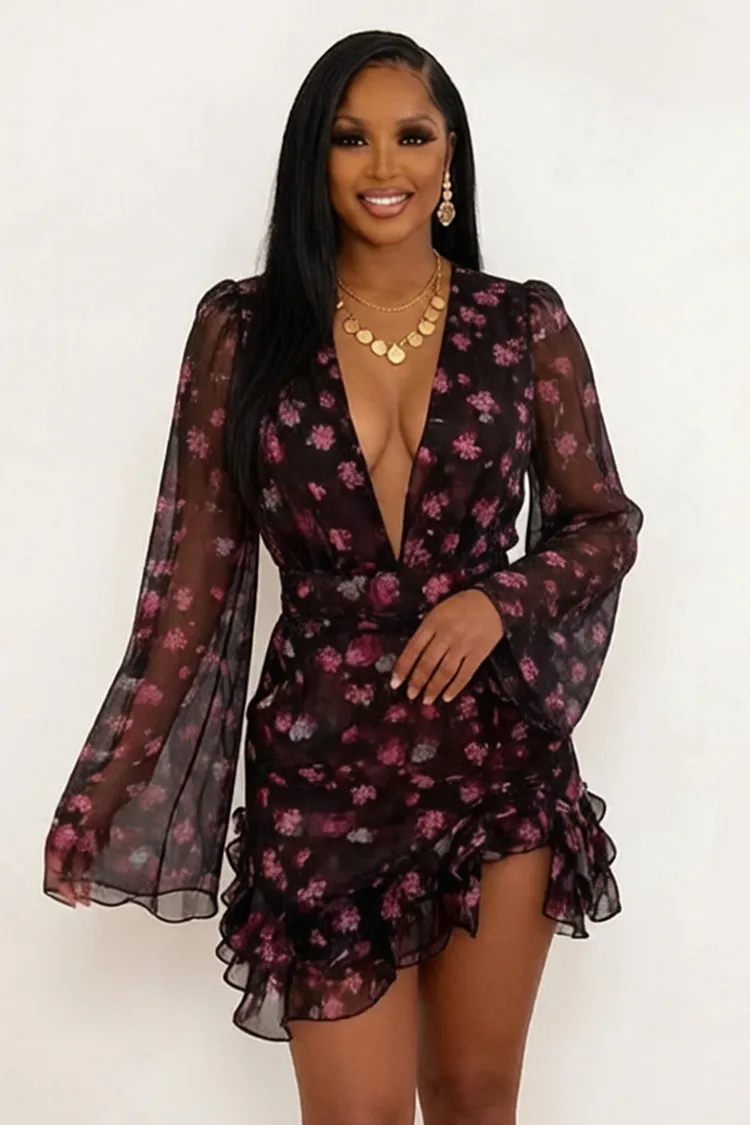 dress chiffon mini print MissJophiel Corset Floral Print Chiffon Mini Dress with Puff Sleeves Floral Print / Floor Length / US10