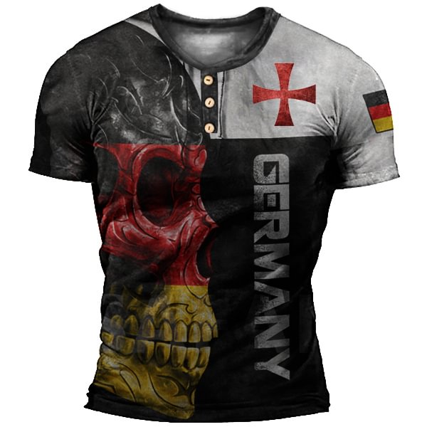 Men's Outdoor Crusades German Flag Skull Tactical Henley Collar T-shirt