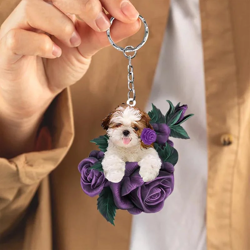VigorDaily Shih Tzu In Purple Rose Acrylic Keychain PR002