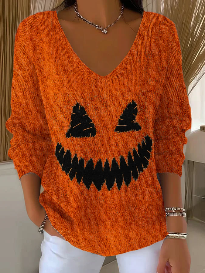 Women's Halloween Ghost Face Print Casual Long-Sleeved Top 