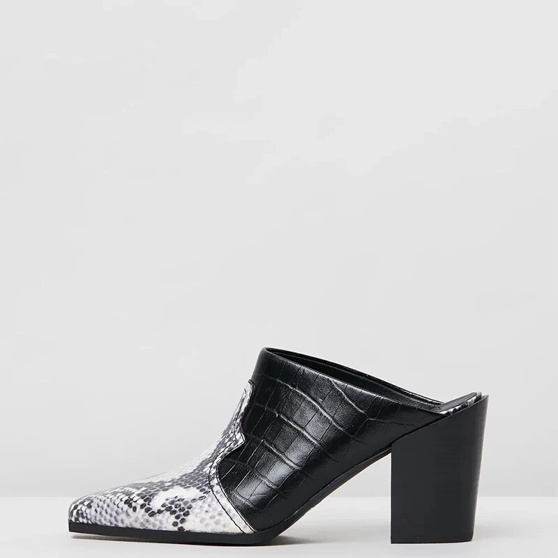 TAAFO Snake Prints Plaid Patchwork Women Mules Pumps High Chunky Heels Pointed Toe  Ladies Shoes