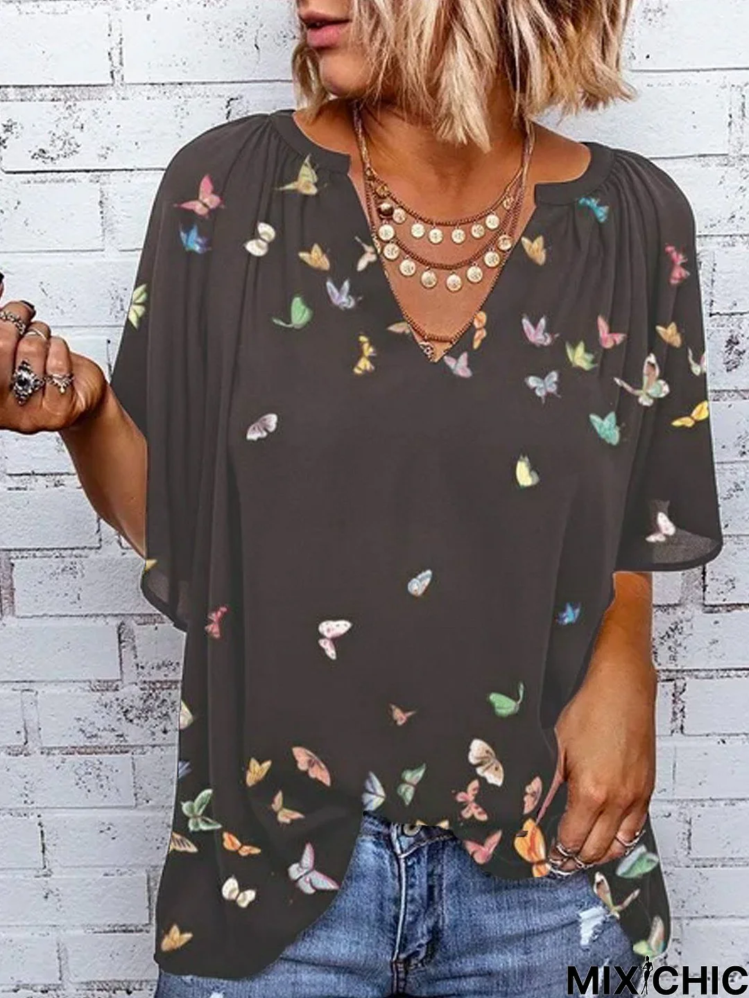 Butterfly Cotton-Blend Short Sleeve Tops