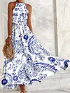 Vacation Tribal Floral Boho Loosen Halter Sleeveless Long Woven Dress