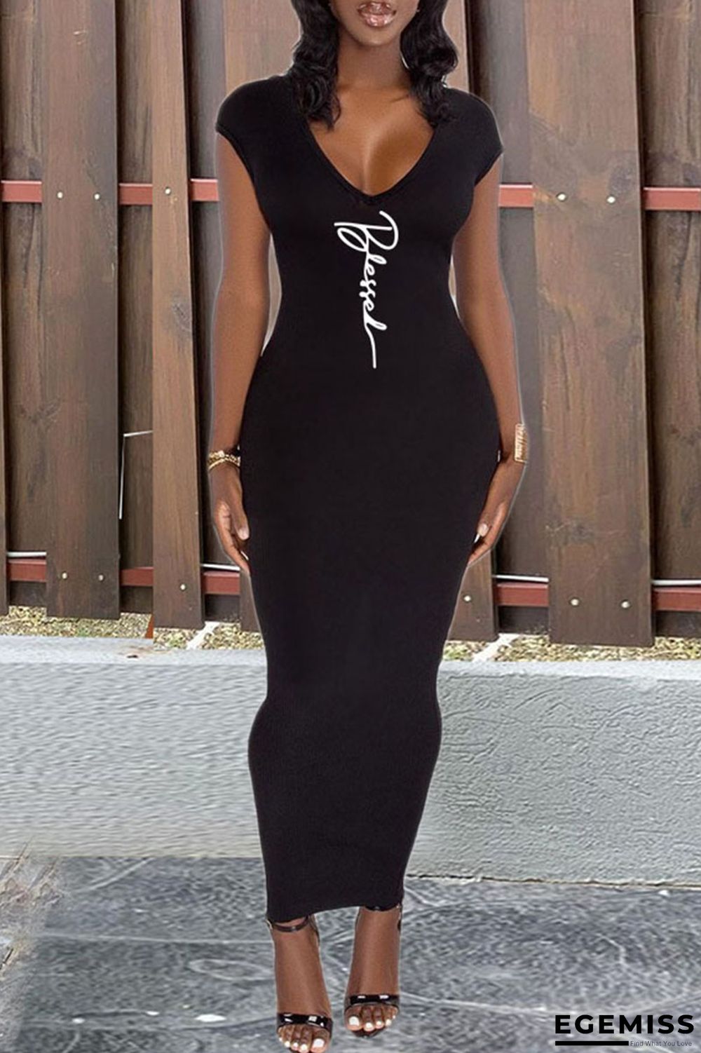 Black Casual Print Patchwork Backless Zipper V Neck One Step Skirt Dresses | EGEMISS