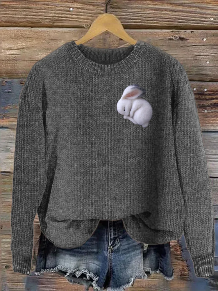Sleeping Rabbit Felt Print Cozy Sweater