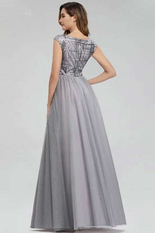 Grey Appliques Sequins Long Tulle Prom Dress