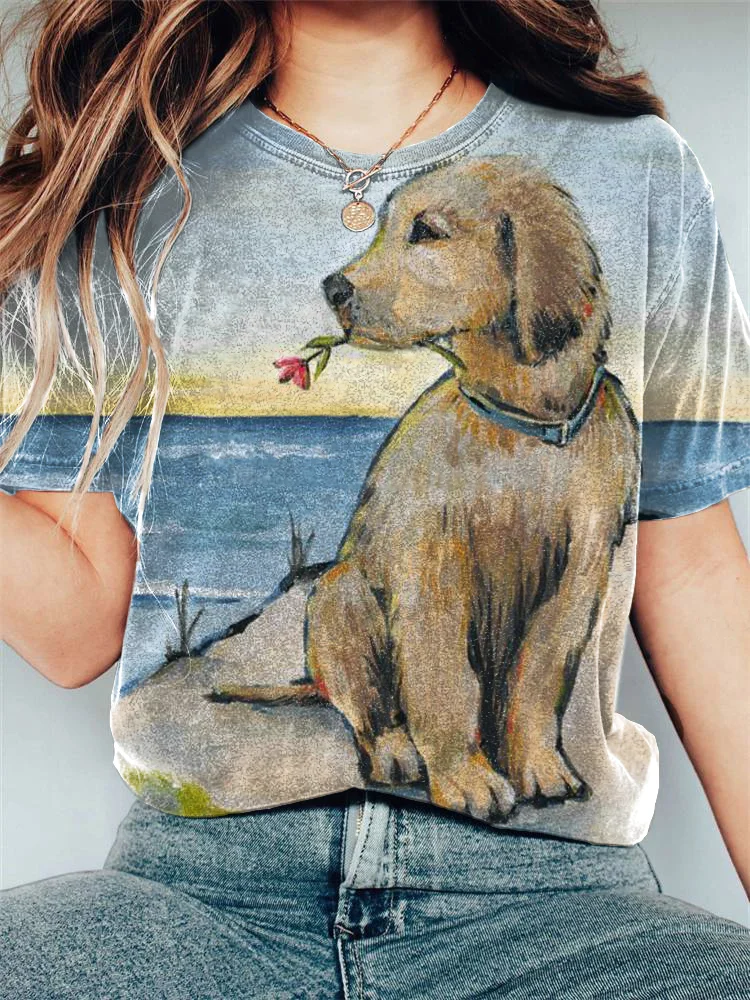 Cute Oil Painting Dog Print Cotton Blend T-shirt
