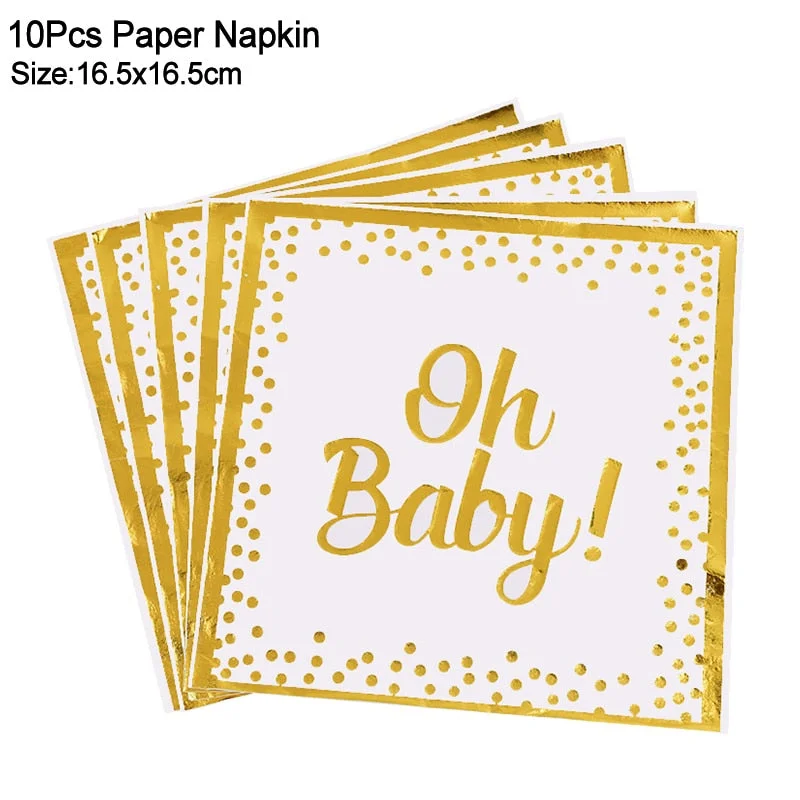 Oh Baby Gold Dot Disposable Tableware Set Boy Girl Baby Shower Favor Gender Reveal Balloon Banner Kids Birthday Party Decoration