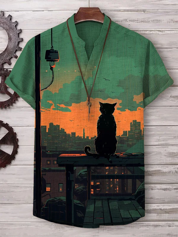 Men's Sunset Landscape Cat Back View Art Print Cotton And Linen V Neck T-Shirt