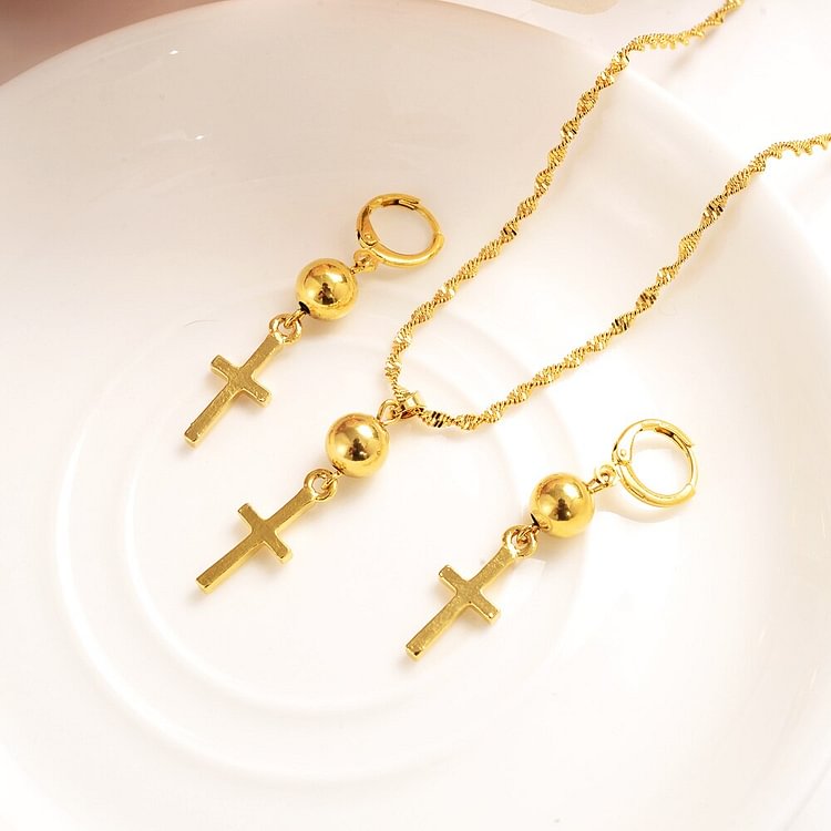 24k  gold beads cross Pendant Necklace chain Earrings sets Jewelry Gold Christian jewelry sets