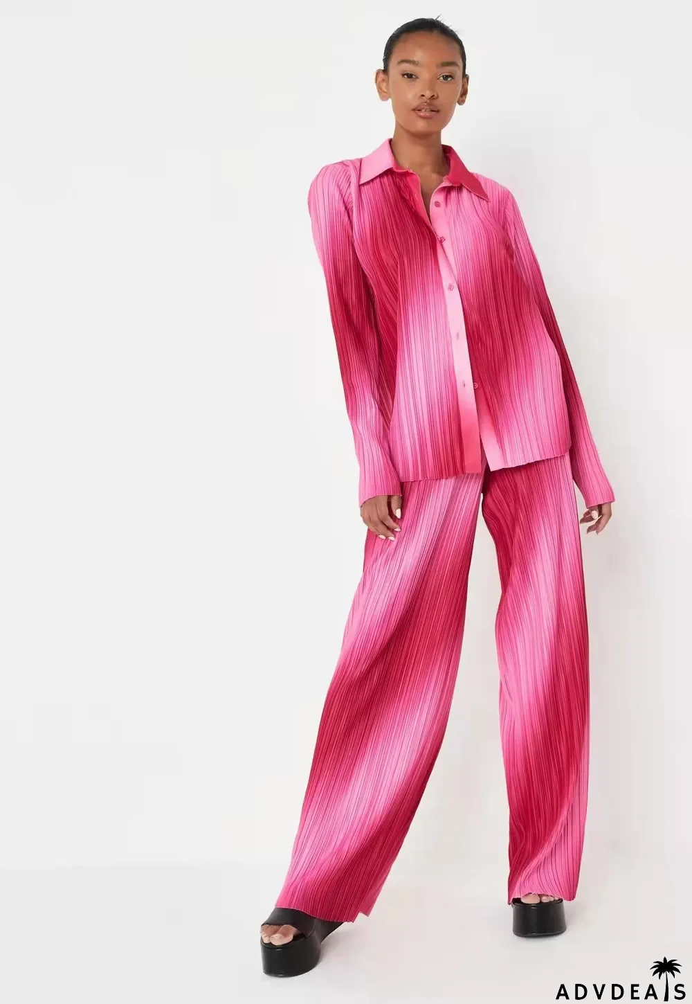 Women Gradient Pleated Print Shirt + Pants Two-Piece Set