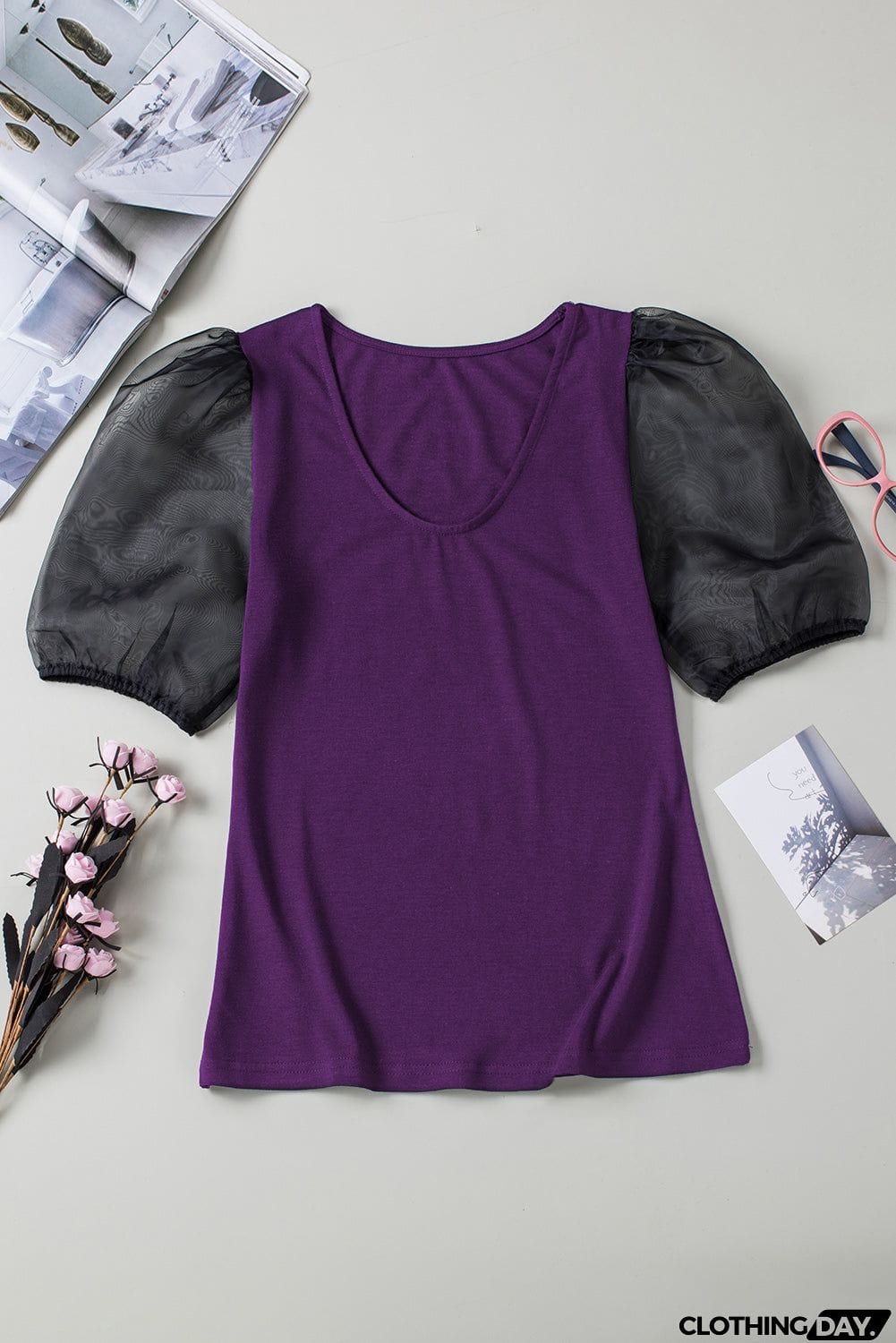 Purple Mesh Puff Short Sleeve Top