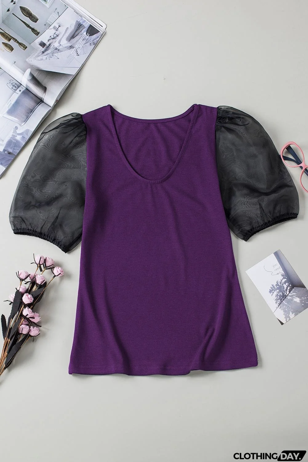 Purple Mesh Puff Short Sleeve Top