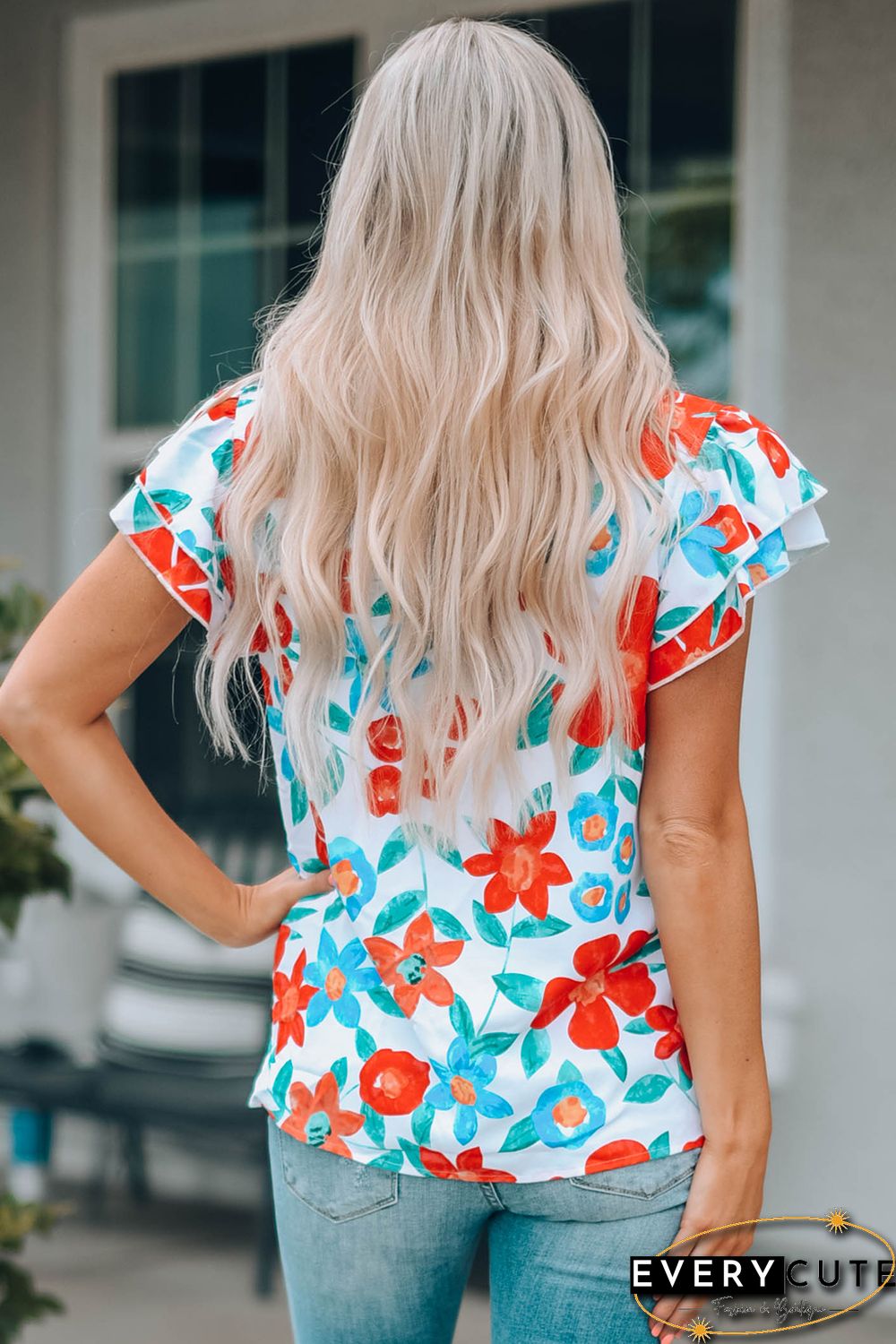 White Floral Print Frilled Neck Ruffled Sleeve Top