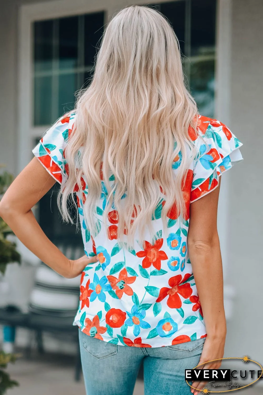 White Floral Print Frilled Neck Ruffled Sleeve Top