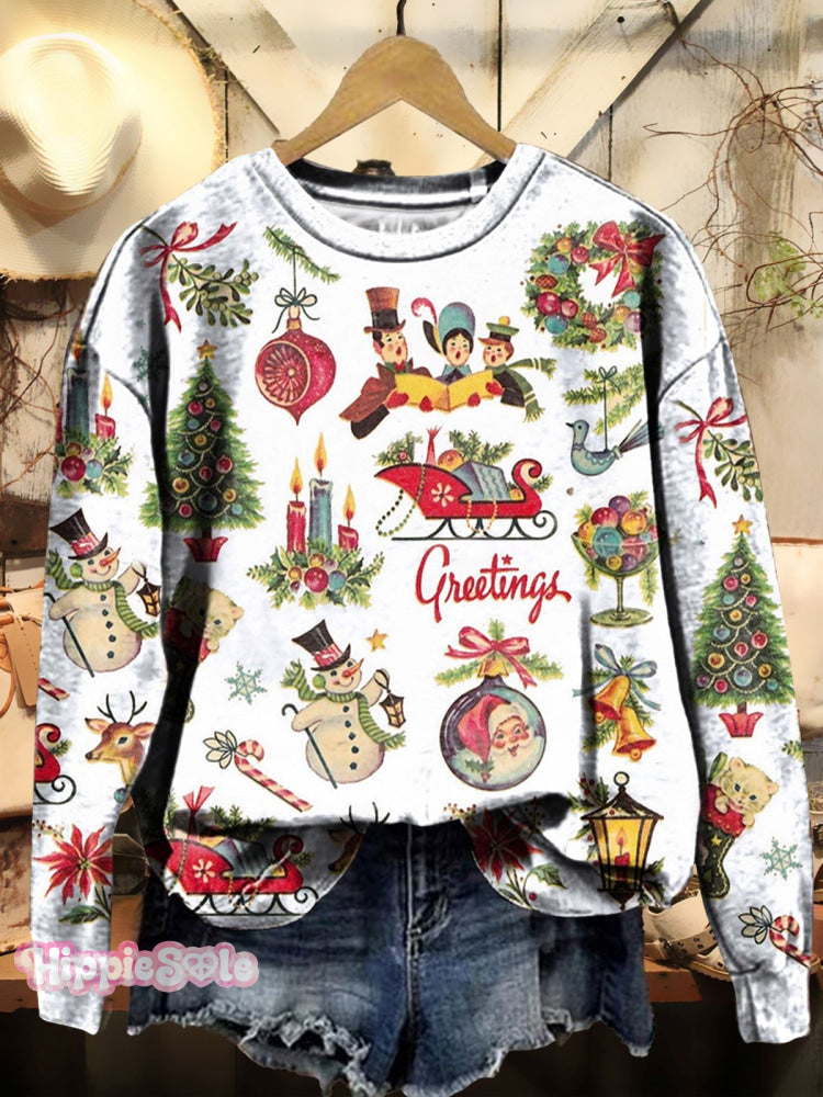 Women&rsquo;s Christmas Retro Pattern Print Casual Sweatshirt White / S
