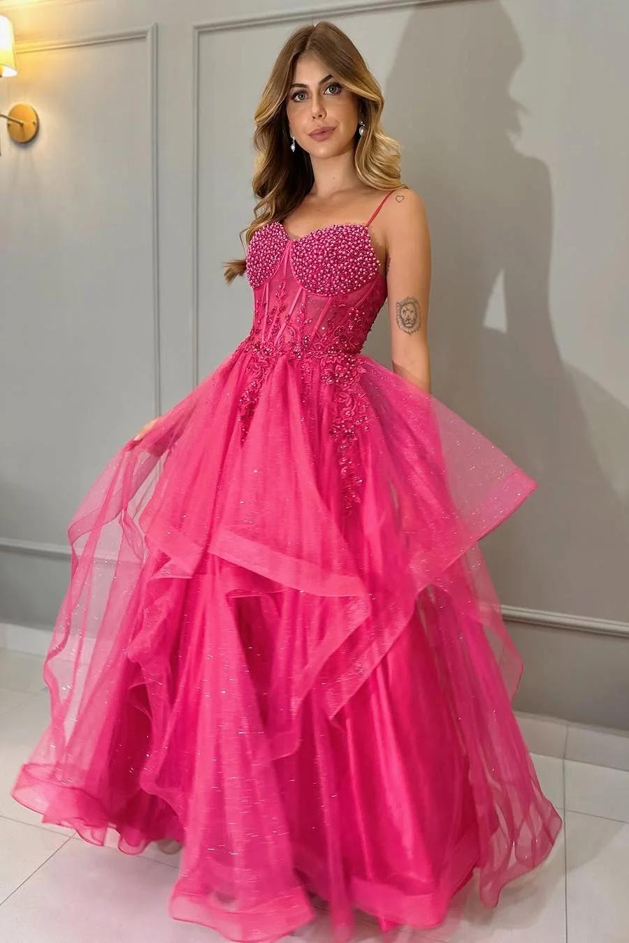 Miabel Exquisite Fuchsia Tulle Spaghtti Strap Sleeveless Applique Prom Dress with Beadings 