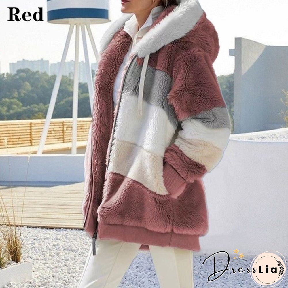 New Winter Womens Jacket Hooded Warm Plush Loose for Women Patchwork Outerwear Faux Fur
