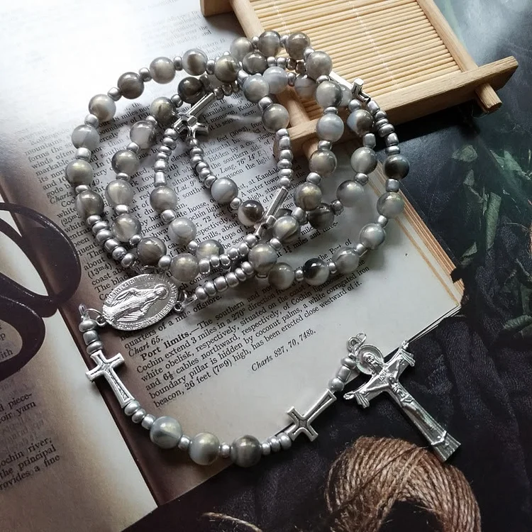 Olivenorma Gray Acrylic Ball Beaded Cross Rosary Necklace