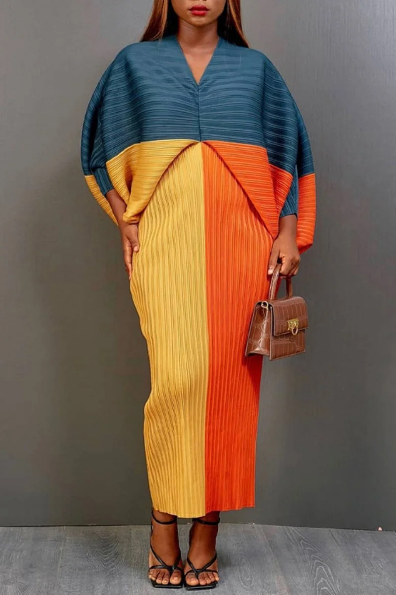 Lake Blue Casual Print Patchwork V Neck Pencil Skirt Plus Size Dresses