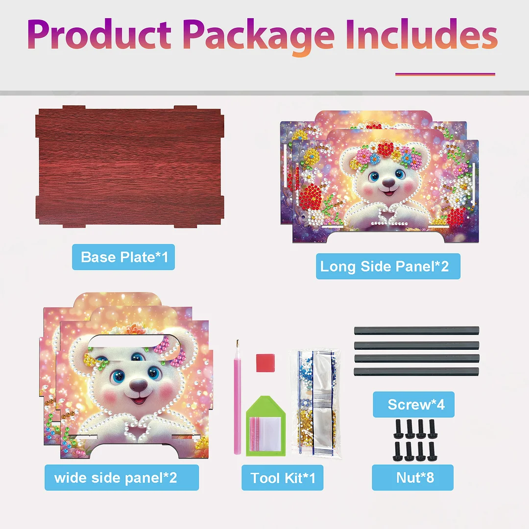 5D DIY Diamond Painting Art Decorative Storage Box Wood Storage Clutch (Bear)