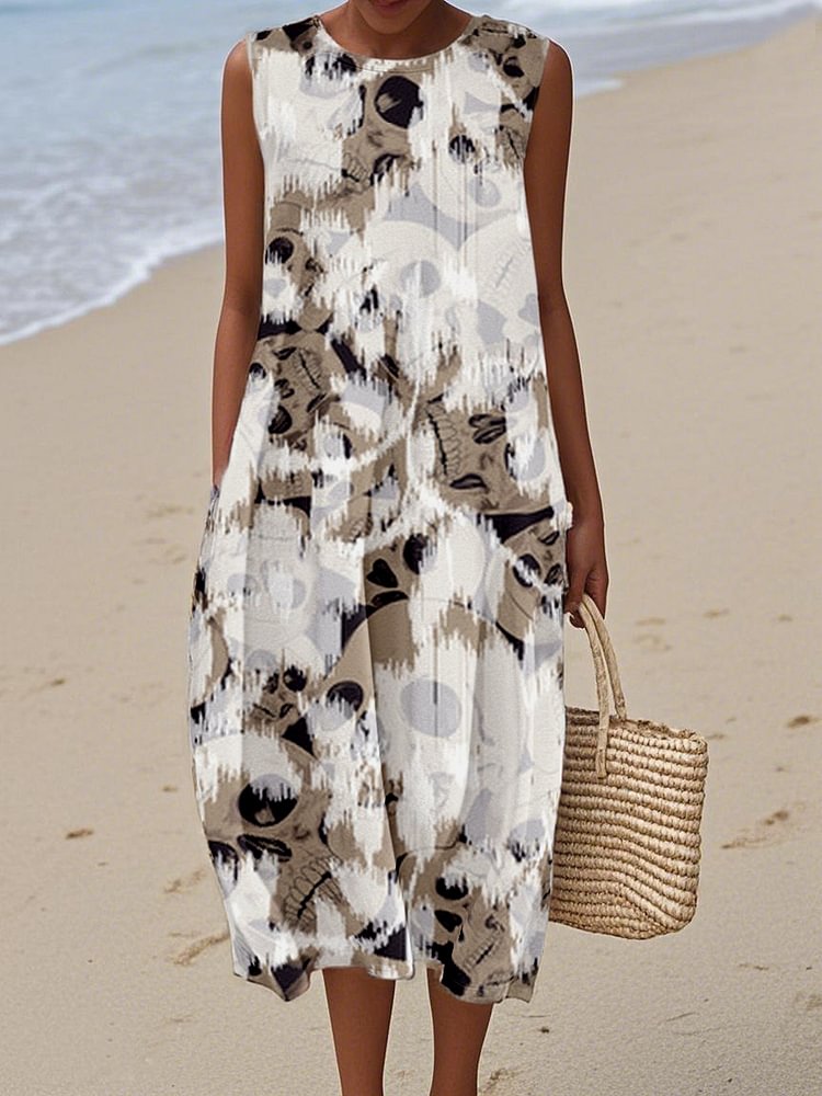 Women's  Vintage flower Print Cotton and Linen Dress