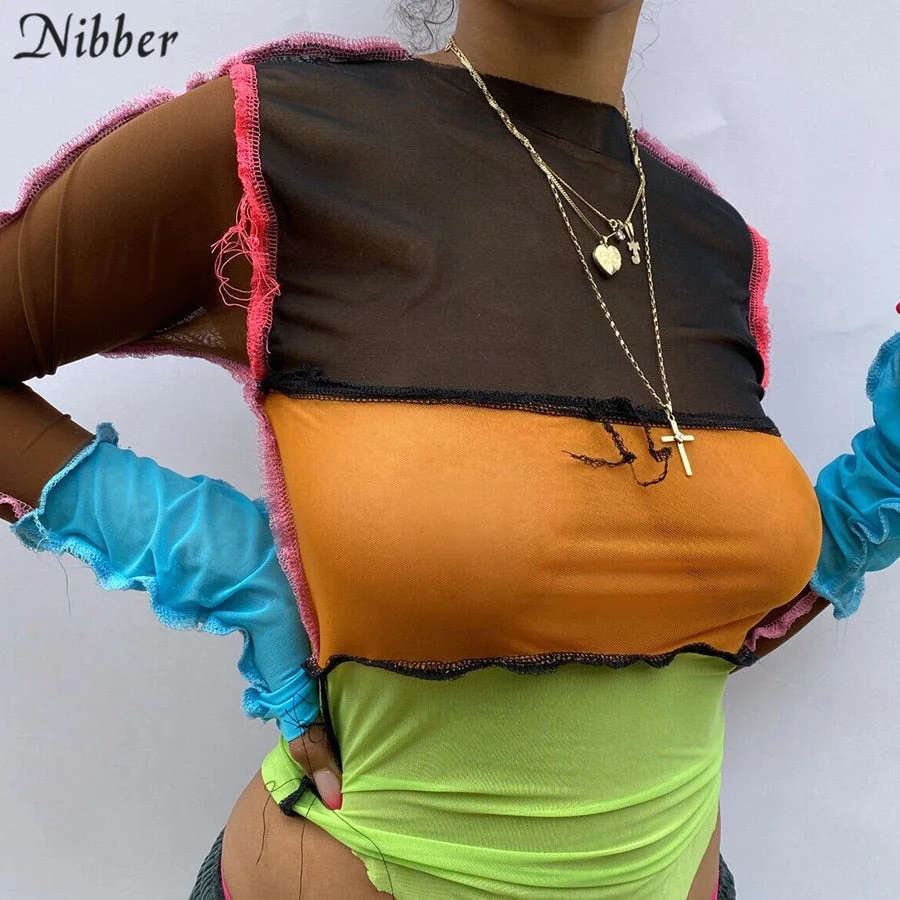 Nibber Autumn new  patchwork design mesh long sleeve crop top for women Punk style see-through sexy T-shirt street casual wear