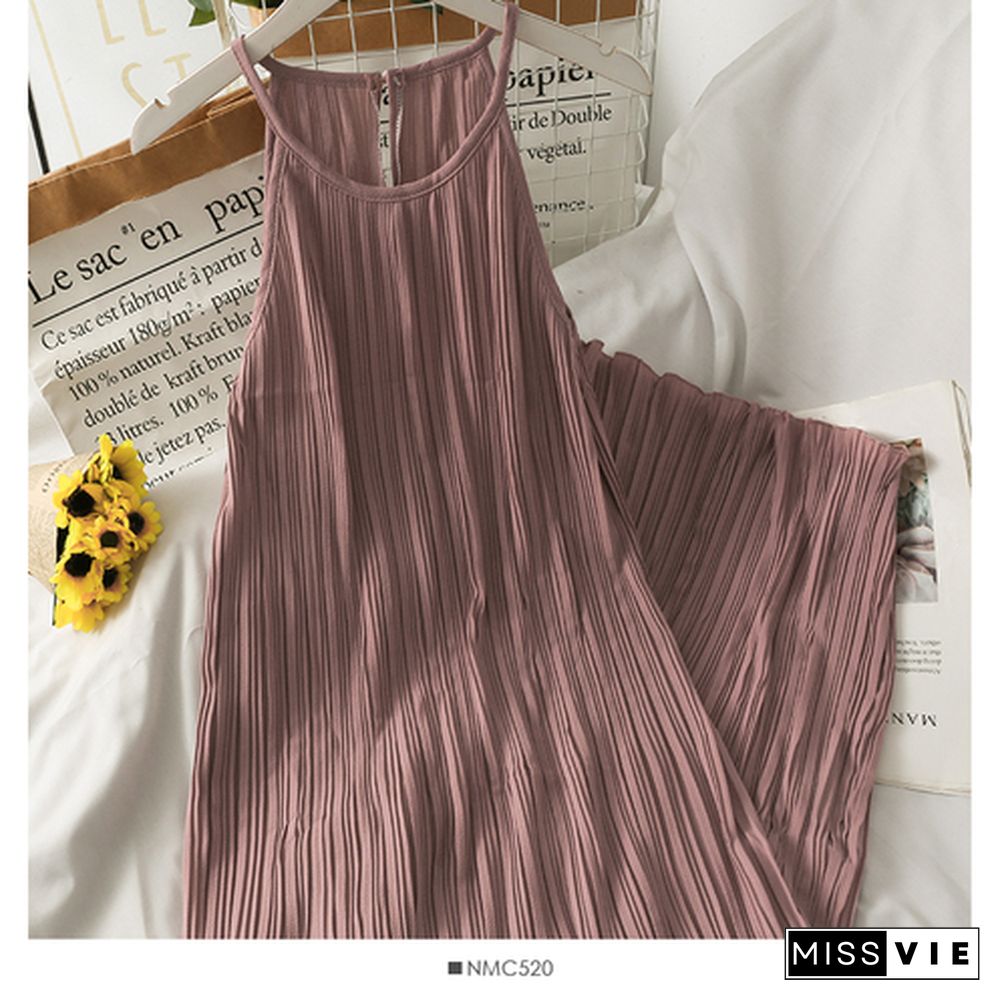 Dress Women Summer Retro Simple Chic Loose Off Shoulder Pleated Dresses Female Midi Sundress Trendy Sleeveless Vestidos Daily