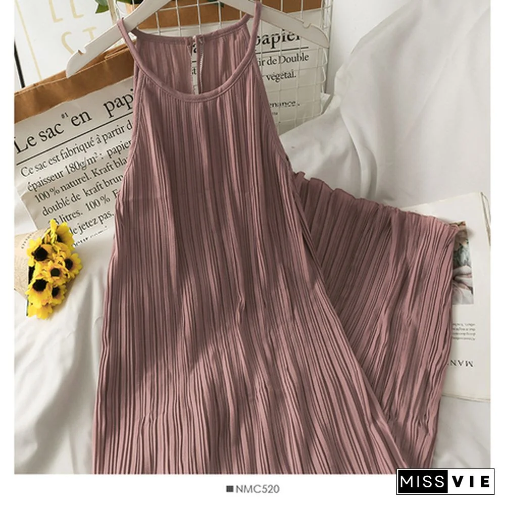 Dress Women Summer Retro Simple Chic Loose Off Shoulder Pleated Dresses Female Midi Sundress Trendy Sleeveless Vestidos Daily