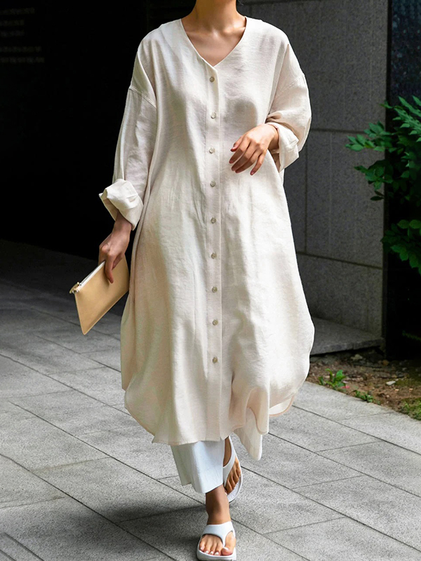 V Neck Single-breasted Long Sleeve Dress