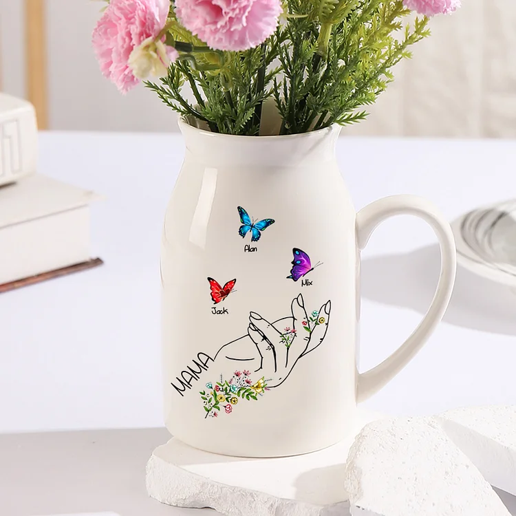 Kettenmachen Personalisierte 3 Namen & Text Schmetterlings in der Hand Familie Vase