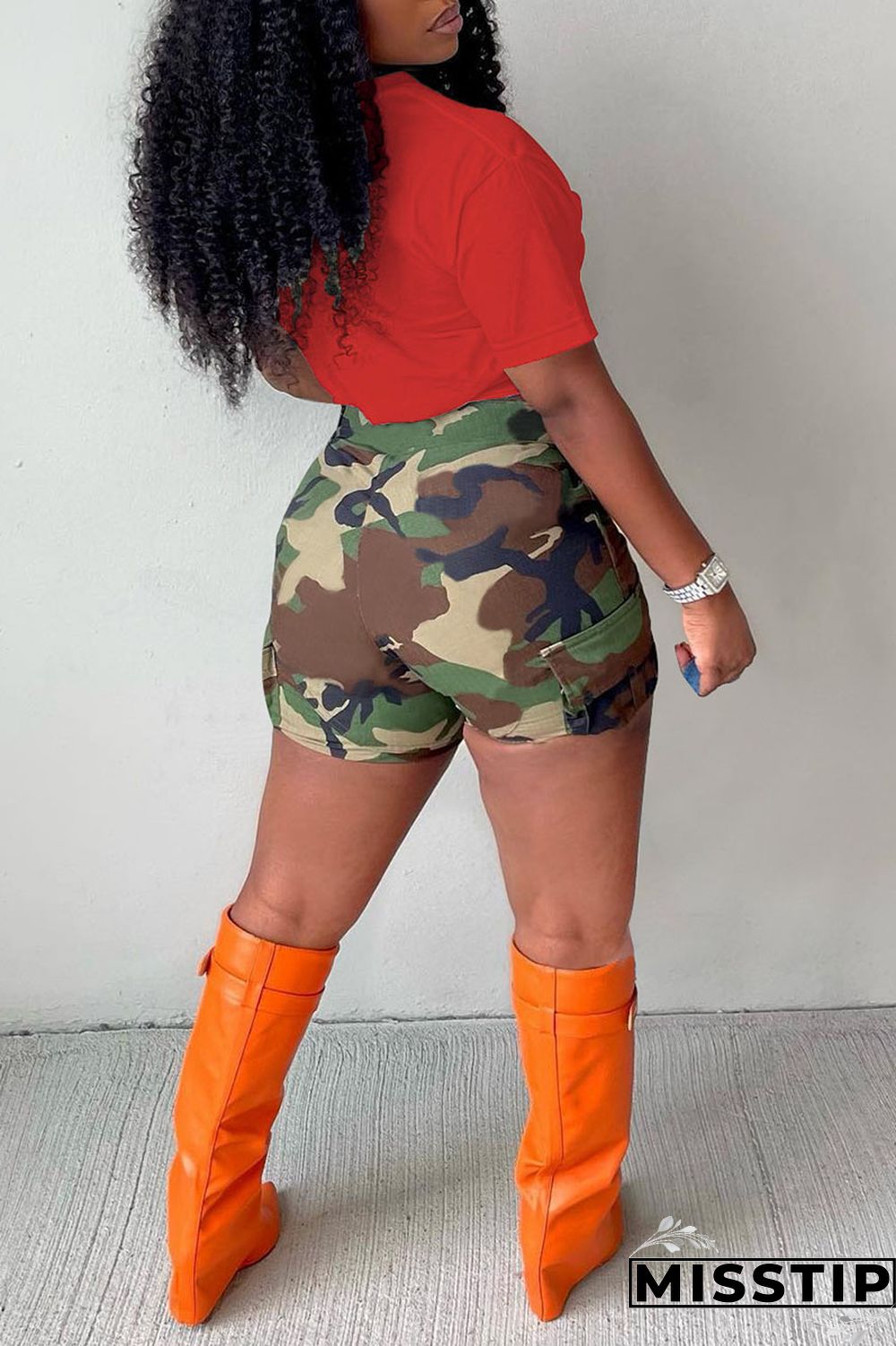 Red Casual Print Camouflage Print Patchwork V Neck Short Sleeve Two Pieces