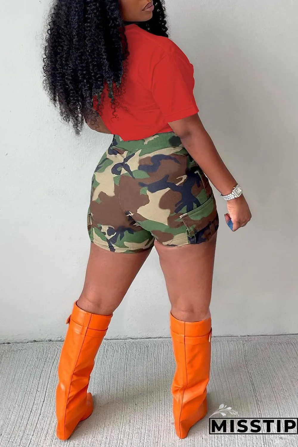 Red Casual Print Camouflage Print Patchwork V Neck Short Sleeve Two Pieces